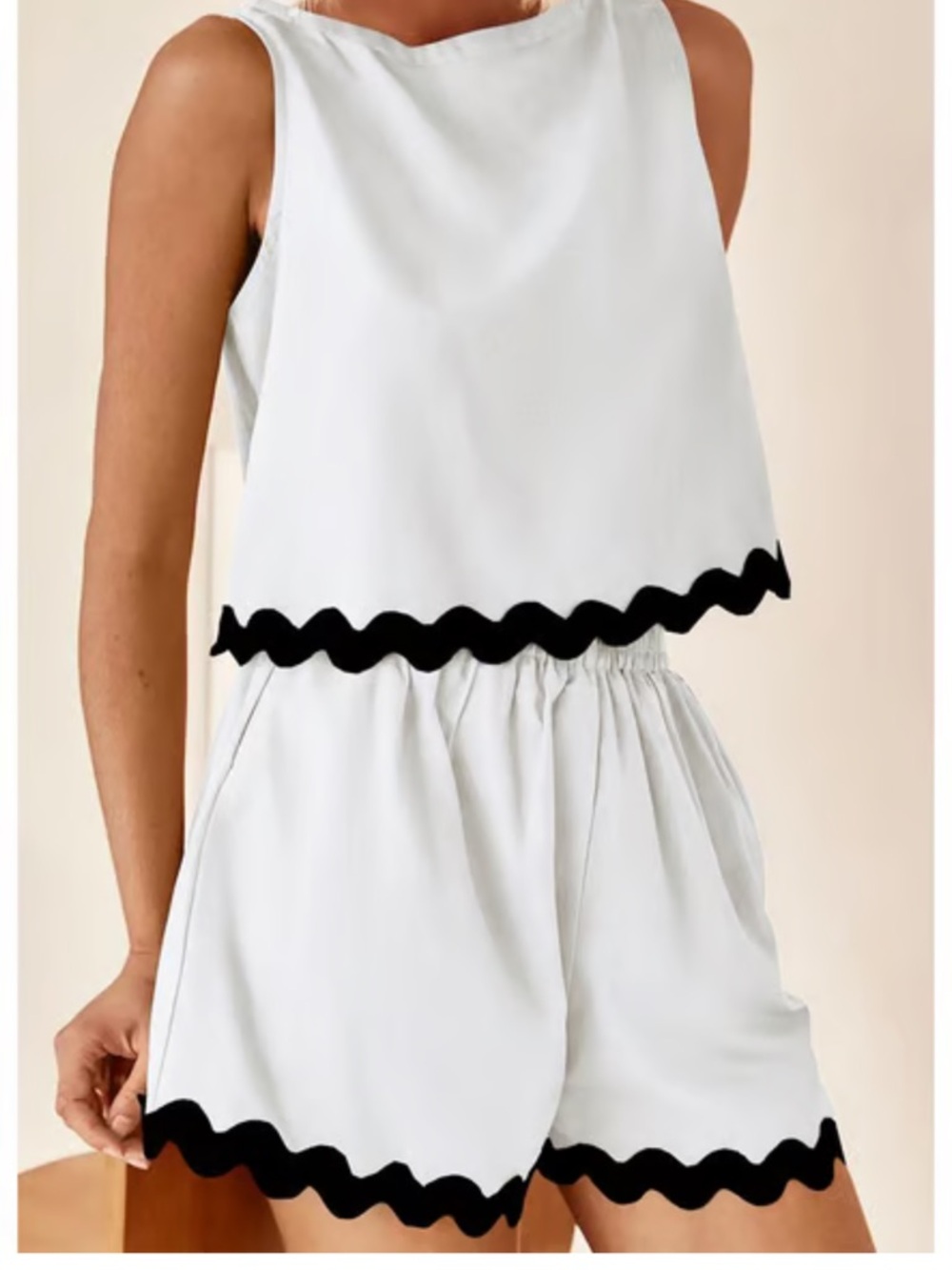 White Two-Piece Scallop-Trim Crop Top & Shorts Set